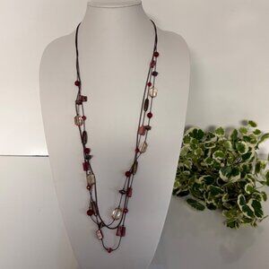 Boho-Inspired Multi-Strand Necklace Red and Clear Beads Bronze Tone Chains